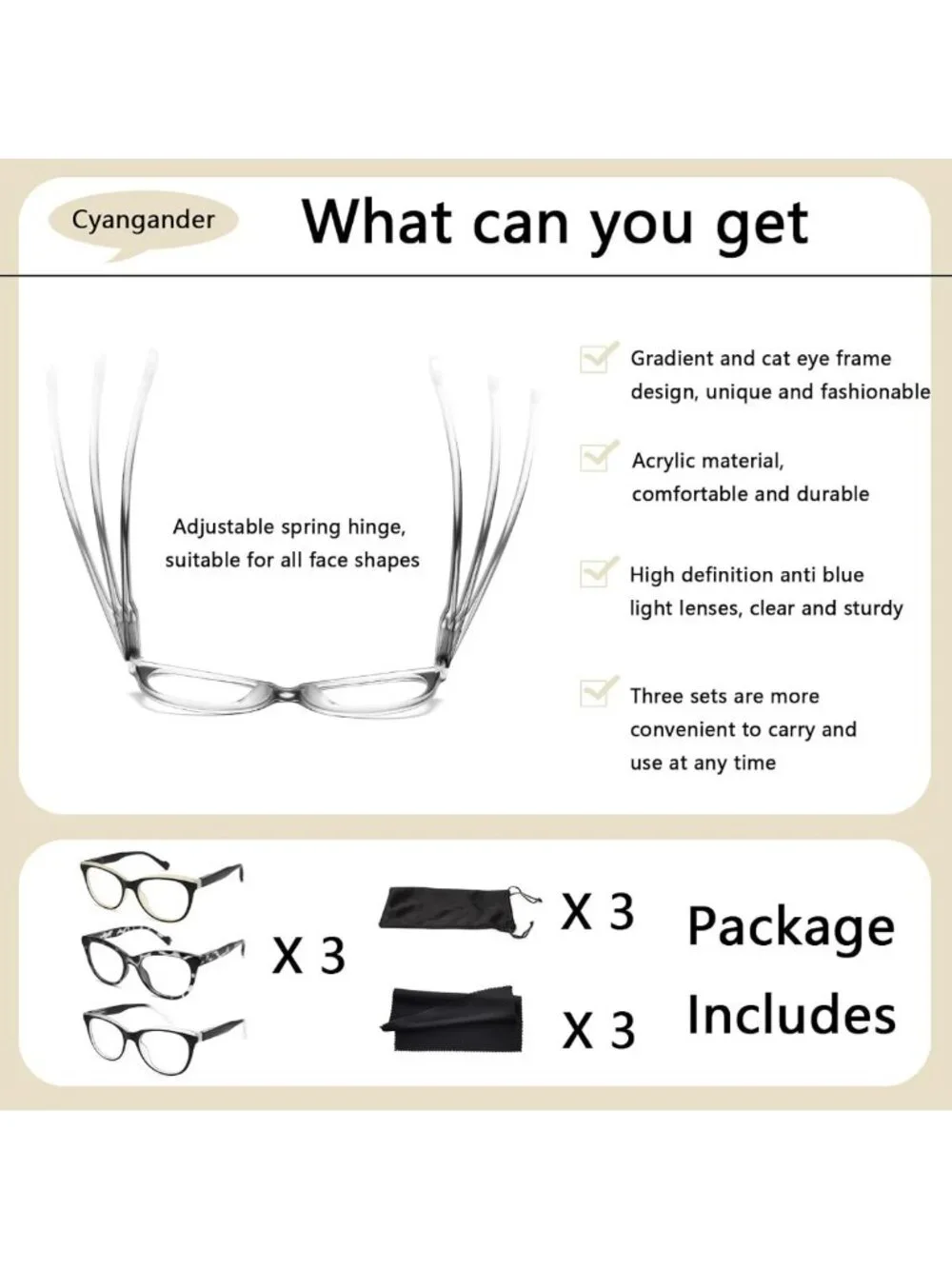 3 Pack Stylish Cat Eye Reading Glasses for Women with Spring Hinges